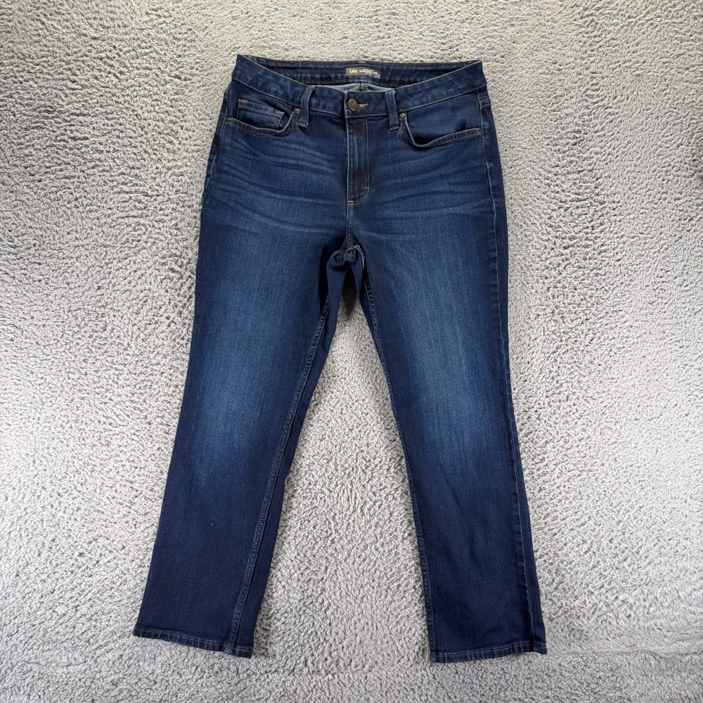 Lee Jeans Womens 12 Blue Cotton Denim Straight Leg Workwear Whiskered Stretch